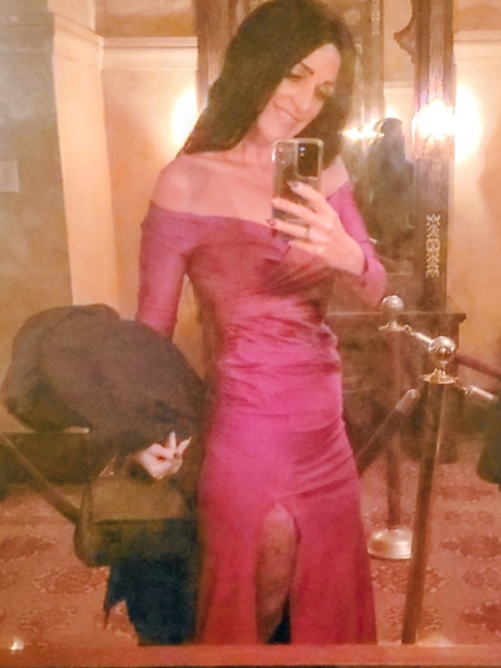 Off-Shoulder Deep Red Evening Dress with Front Slit And Smocked Side